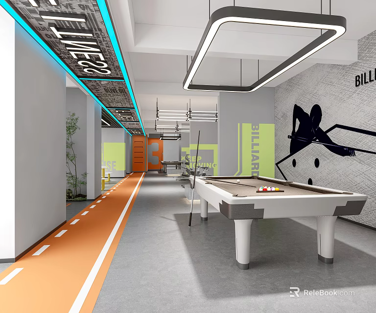 Spacious Fitness Gym Interior With Billiard Table Track Lines And Sports Mural 3d model 