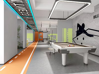 Spacious Fitness Gym Interior With Billiard Table Track Lines And Sports Mural 3d model