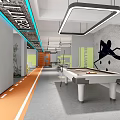 Spacious Fitness Gym Interior With Billiard Table Track Lines And Sports Mural