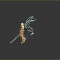 Character in Gold White Armor with Blue Wing like Appendages Holding Sword and Creature Features