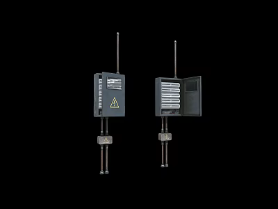 Two Industrial Control Equipment Boxes With Antennas Warning Symbols And Open Door Internal Structure 3d model
