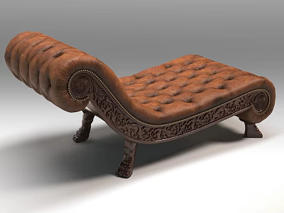 Elegant Vintage Brown Leather Chaise Lounge With Tufted Design And Carved Wooden Legs 3d model