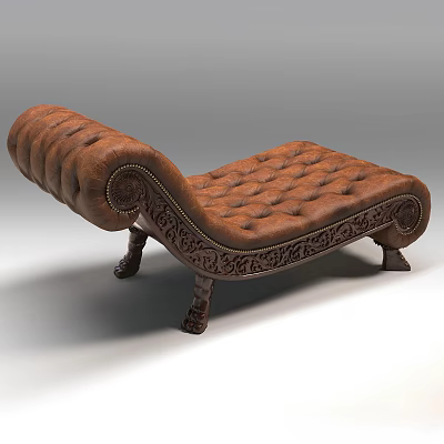 Elegant Vintage Brown Leather Chaise Lounge With Tufted Design And Carved Wooden Legs 3d model