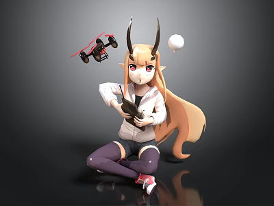 Anime Character With Black Horns Long Blonde Hair Holding Device Red Drone And White Ball 3d model