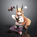 Anime Character With Black Horns Long Blonde Hair Holding Device Red Drone And White Ball