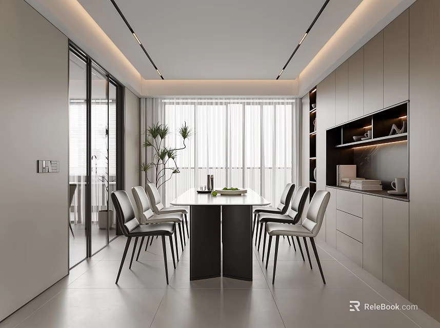 Elegant Modern Restaurant Interior With Open Dining Table And Stylish Chairs 3d model 