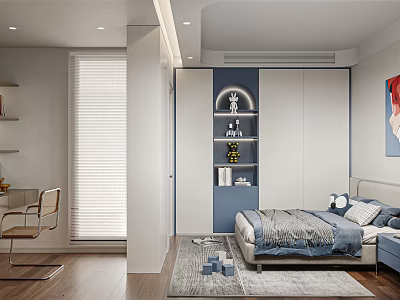 Modern Kids Bedroom With Blue Accents Built In Shelves Bed And Rug 3d model