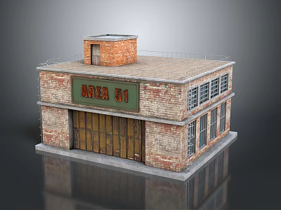 Brick Structure Residential Building With Green Area 51 Sign Wooden Garage Door And Multiple Windows 3d model