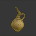 Ancient Hand Carved Terracotta Sculpture Vessel With Long Spout Handle And Patterns