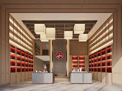 Traditional Modern Retail Store Interior With Wooden Shelves Red Display Racks And Hanging Lamps 3d model