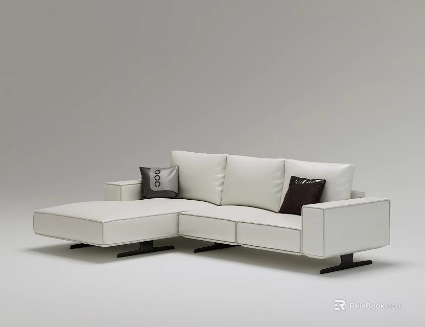 White Modern Sectional Sofa Set With Accent Pillows And Chaise Lounge 3d model