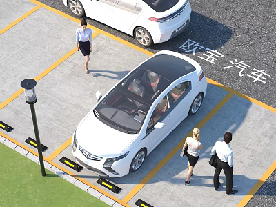 White Opel Car Parked In Parking Lot With People Walking Nearby 3d model