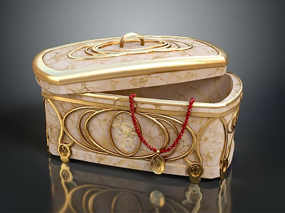 Luxury Display Cabinet Shelf With Gold Frame Marble Texture Displaying Red Beaded Necklace 3d model