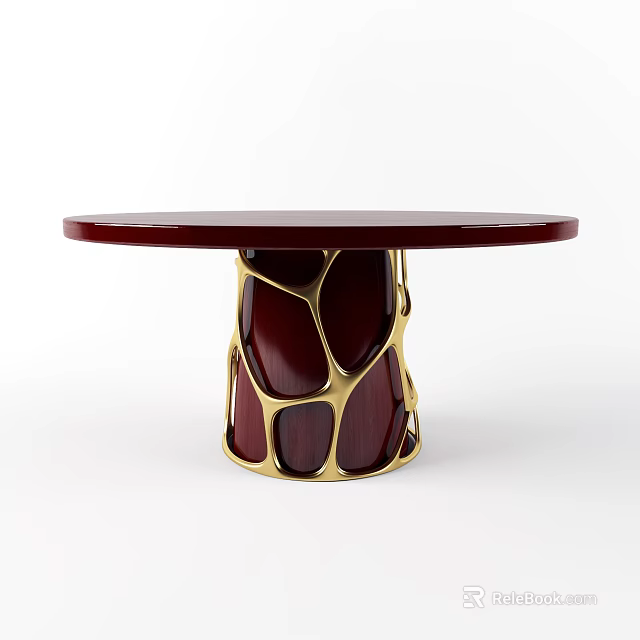 Elegant Round Dining Table With Maroon Top And Gold Geometric Base Design 3d model 