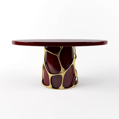 Elegant Round Dining Table With Maroon Top And Gold Geometric Base Design 3d model
