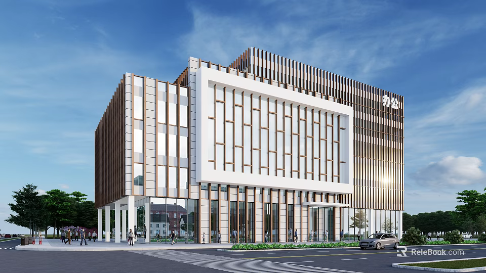 Modern Office Building Exterior Design With Glass Curtain Walls And Metal Frames 3d model 