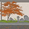 Indoor Japanese Zen Landscape With Red Maple Tree Stones Lantern And Green Moss