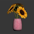Pink Vase With Bright Yellow Sunflowers And Dark Center On Dark Background