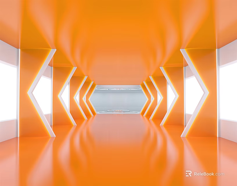 Orange Office Corridor With Modern Geometric Lighting Decor And Side Windows Sleek Reflective Floor 3d model 