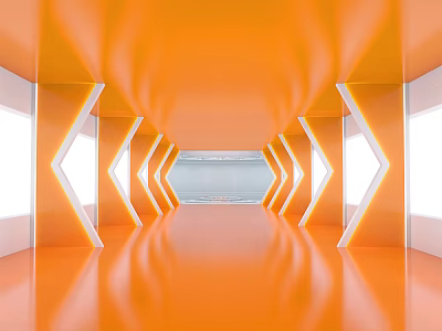 Orange Office Corridor With Modern Geometric Lighting Decor And Side Windows Sleek Reflective Floor 3d model
