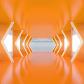 Orange Office Corridor With Modern Geometric Lighting Decor And Side Windows Sleek Reflective Floor