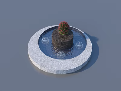 Circular Garden Water Feature With Stone Edge Central Mound Red Plant And Small Fountains 3d model
