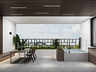 Modern Home Balcony Interior Design With Dining Table Chairs Green Plants And Sky View 3d model