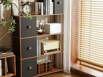Indoor Storage Shelf Unit with Drawers Books Clock and Radio by Window with Blinds 3d model