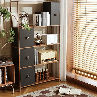 Indoor Storage Shelf Unit with Drawers Books Clock and Radio by Window with Blinds 3d model