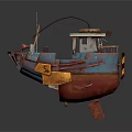 Rusty Old Metal Boat Model With Blue Brown Weathered Structure And Cabin Railings