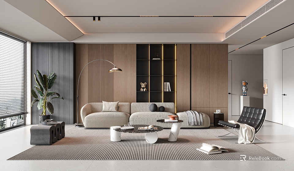 Modern Living Room Interior With Beige Sofa Wooden Wall Black Bookshelf Green Plant And Floor Lamp 3d model 