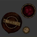 Wooden Press Equipment With Large Barrel Red Liquid And Small Barrel