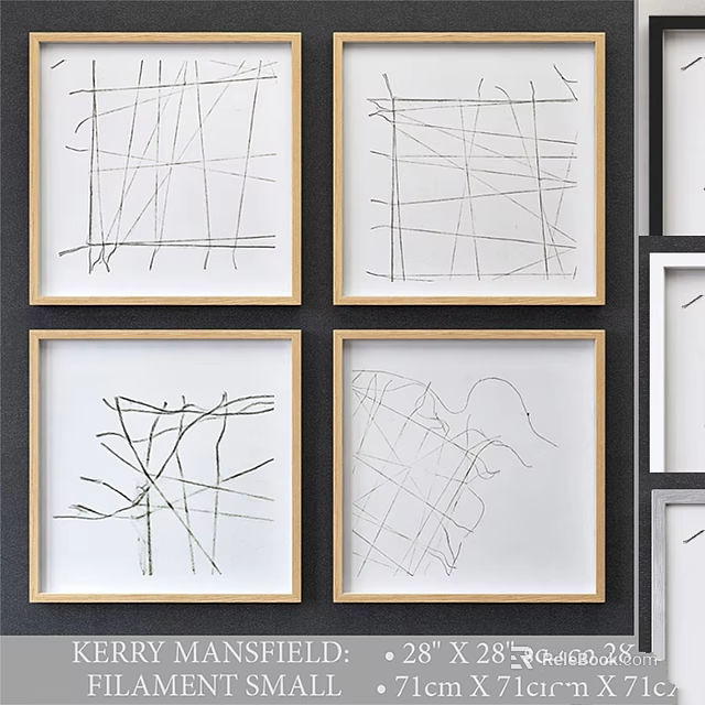 Abstract Line Sketches in Wooden Frames Hanging on Wall as Modern Home Decor 3d model 