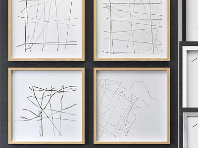 Abstract Line Sketches in Wooden Frames Hanging on Wall as Modern Home Decor 3d model