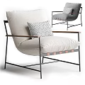 Modern Lounge Chair With Beige Cushions Black Metal Frame Wooden Armrests And Geometric Pattern Pillow