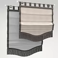Elegant Beige Roman Shades Featuring Dark Gray Fringes And Layered Linen Fabric Texture
