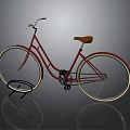 Red Vintage Bicycle With Brown Seat And Gold Rimmed Wheels On Reflective Surface