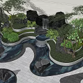 Garden Ornamental Design with Rock Formations Green Plants Curved Grass Pathways and Lighting 3d model