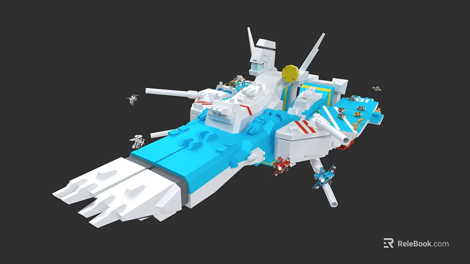 Lego Style Sci Fi Spaceship Game Character With Blue White Design Weapons And Antennas 3d model 