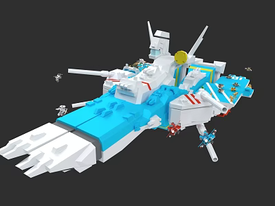 Lego Style Sci Fi Spaceship Game Character With Blue White Design Weapons And Antennas 3d model