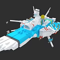 Lego Style Sci Fi Spaceship Game Character With Blue White Design Weapons And Antennas