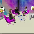 Modern Meeting Space With Pink Chairs TV Screens Colorful Wall And White Table