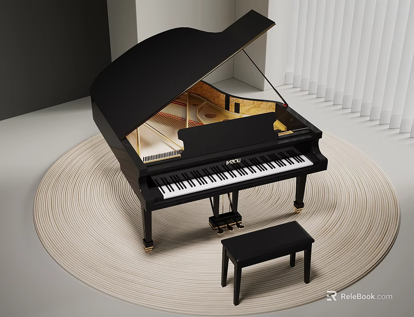 Black Grand Piano With Stool On Round Rug Near White Blinds 3d model 