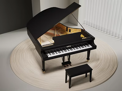 Black Grand Piano With Stool On Round Rug Near White Blinds 3d model