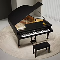 Black Grand Piano With Stool On Round Rug Near White Blinds