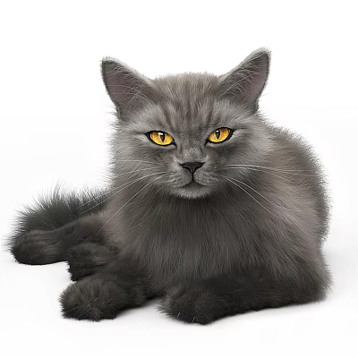 Fluffy Gray Cat With Bright Yellow Eyes Lying On White Background 3d model