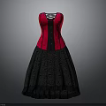 Elegant Red Corset Dress With Black Patterned Skirt And Lace Up Design