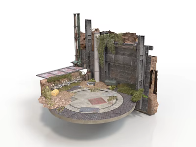 Ruined Scene 3D Model Featuring Ruined Walls Columns And Circular Paved Area With Green Foliage 3d model