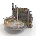 Ruined Scene 3D Model Featuring Ruined Walls Columns And Circular Paved Area With Green Foliage