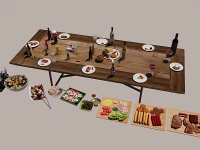 Refreshing Beverages On Wooden Dining Table With Wine Bottles Glasses Meats Vegetables And Salads 3d model